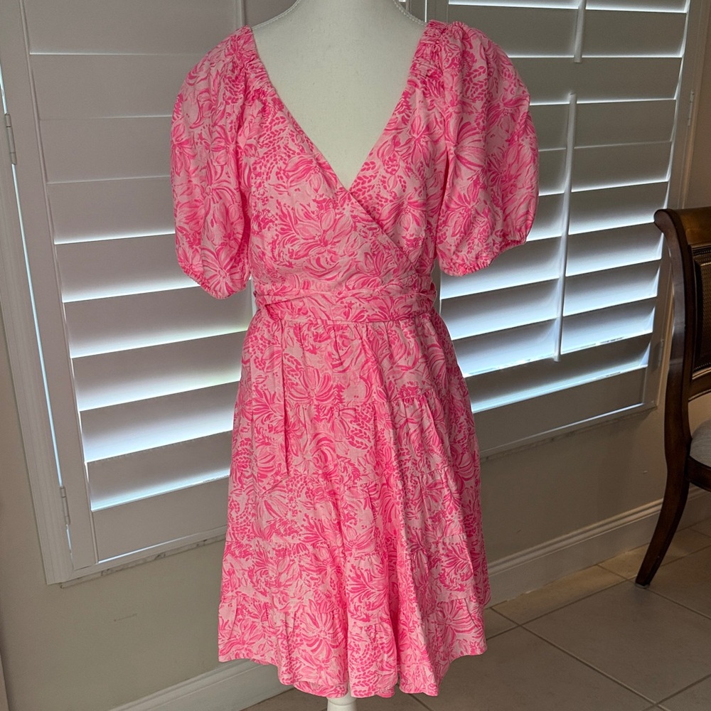 Lilly Pulitzer Pink Floral Puff-Sleeve V-Neck Dress